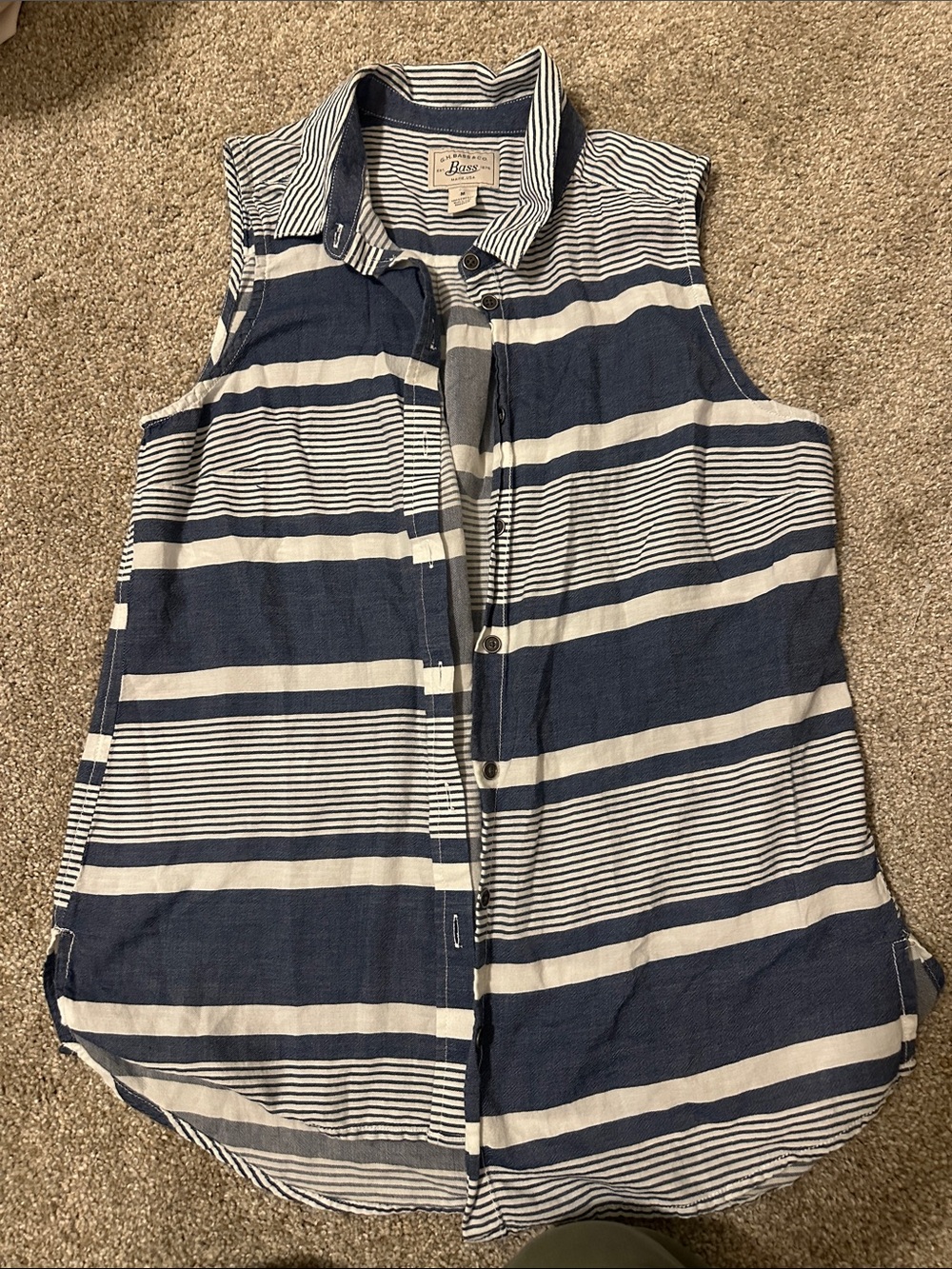 Bass Navy and White Striped Sleeveless Button-Up